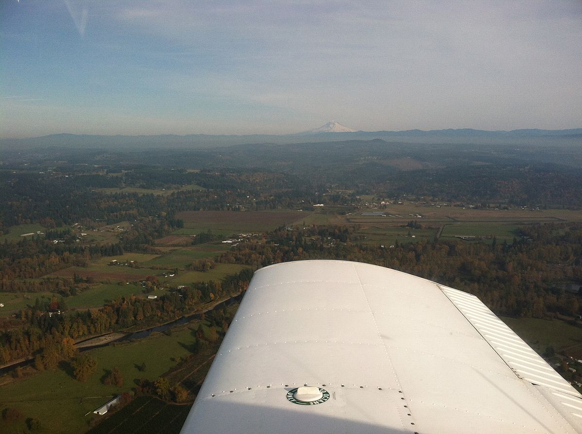 Downwind for runway 14 at Mulino Airport, Mount Hood in the distance - from the Flying to Mulino Nov 2011 photo gallery.