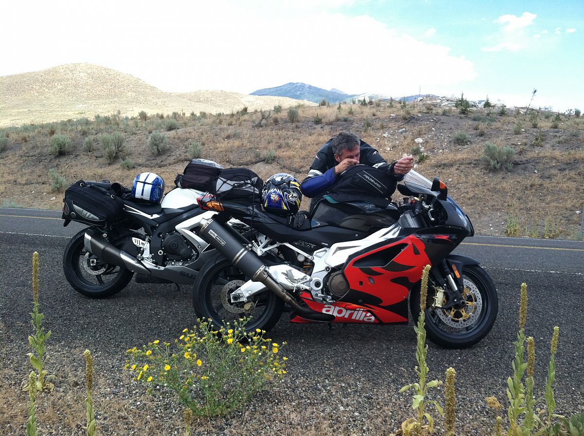 Aaron's imagining a mule deer in them thar hills - from the Motorcycle summer trip 2012 photo gallery.